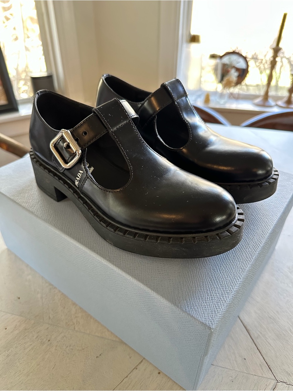 Prada Women's Black Patent Mary Jane Lug Sole Shoes